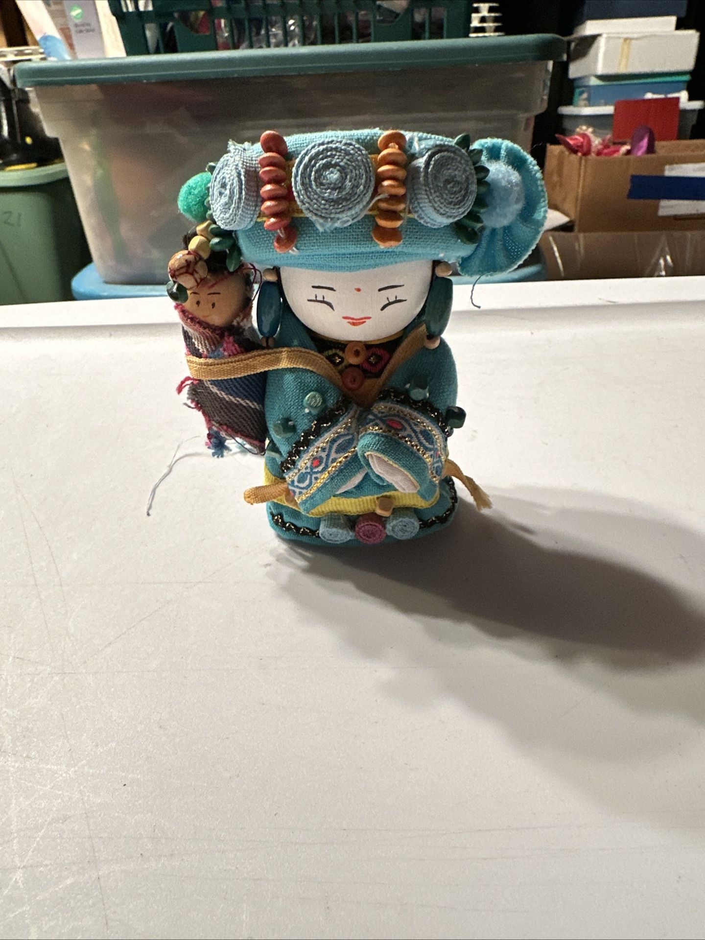 Vintage Wooden Asian Doll with Baby