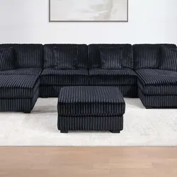 Brand New Black Corduroy Modular Sectional Sofa w Ottoman