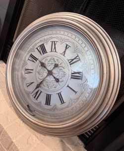 Large Ornate Pewter/ Silver Distressed Wall Clock Roman Numerals