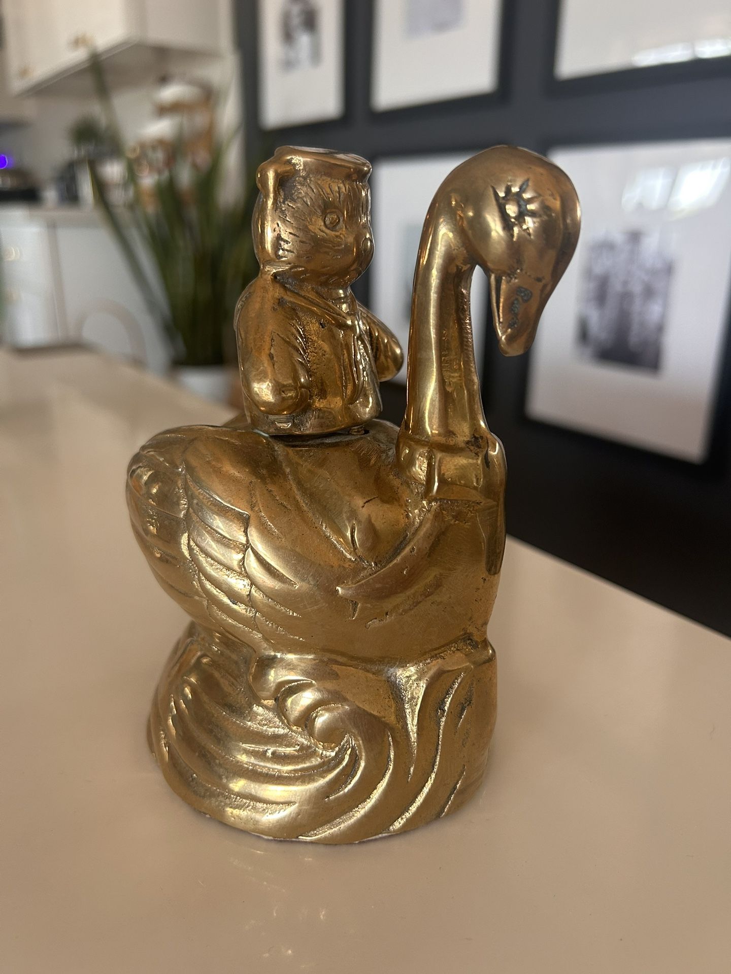 Vintage Solid Brass Sailor Pig Riding Goose/Swan Figurine