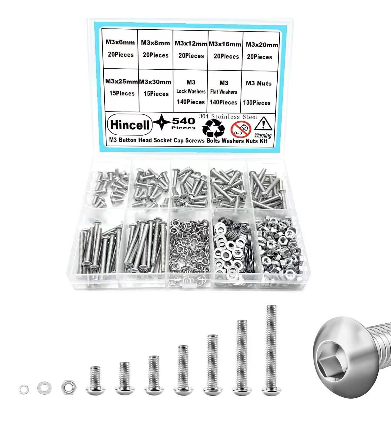 M3 Screw Kit, 540pcs M3 Button Head Socket Cap Screws Bolts Washers Nuts Kit,304 Stainless Steel(M3 x 6mm /8mm /12mm /16mm /20mm /25mm /30mm)