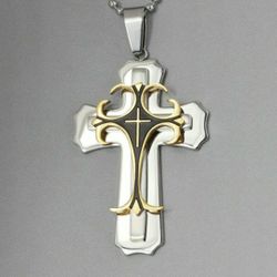 3 Layer Cross Crucifix Deco Pendant Necklace Stainless Steel Charm Chain Silver