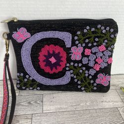 America & Beyond Beaded Initial Pouch Wristlet