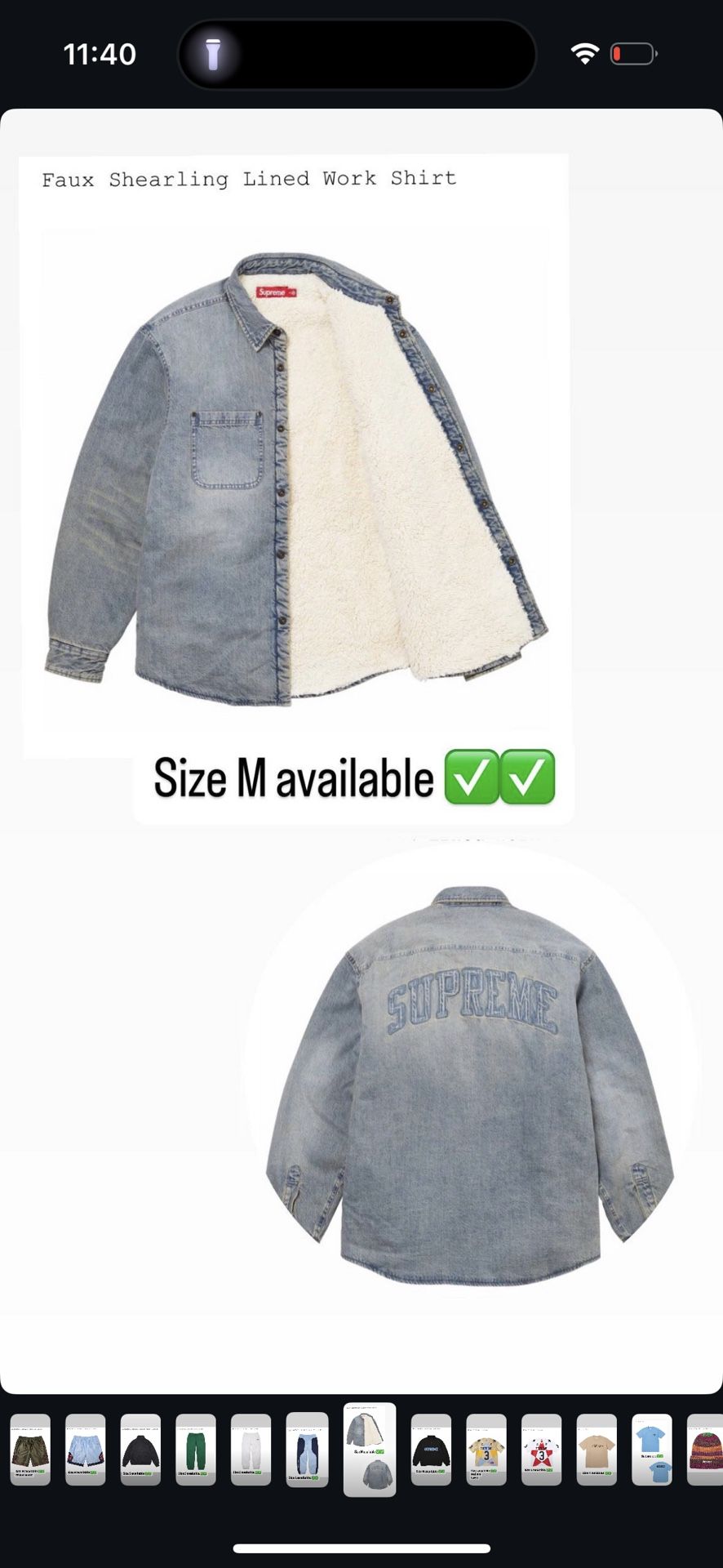 Supreme Faux Shearling Lined Work Shirt Washed Indigo Size M