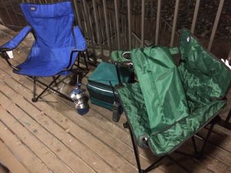 Camping Set For Sale! Includes Two Chairs, Walkie-Talkie, Ice Chest, and GE Brand Lantern!
