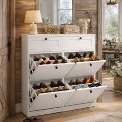 Shoe Cabinet with 2 Flip Drawers & 2 Drawers, Freestanding Shoe Storage Cabinet with Adjustable Shelves, Shoe Organizer for Entryway, Hallway, Living 