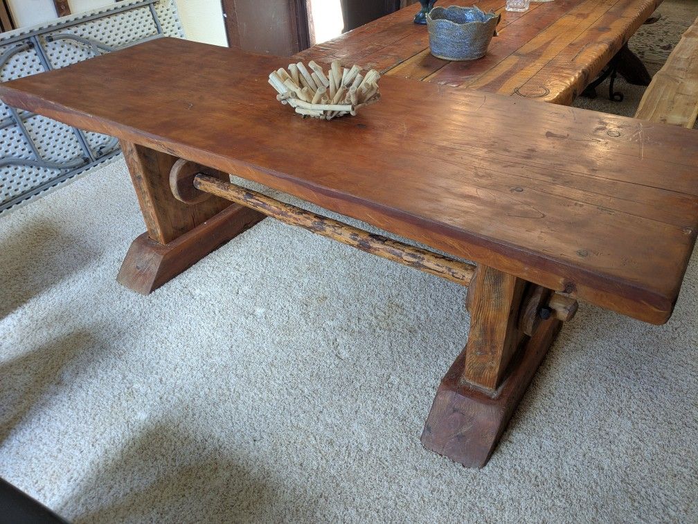 Large butcher block table measures 7 ft long 30 in wide 29 in high