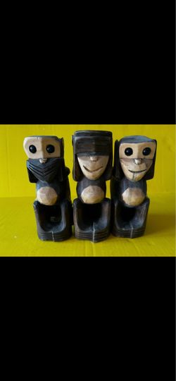 3 monkeys blind deaf mute statue wooden figurine office toy living room display