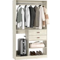 Freestanding Closet System with Suitcase Storage, 40 Inches Stand-Alone Wardrobe with 2 Wood Drawers