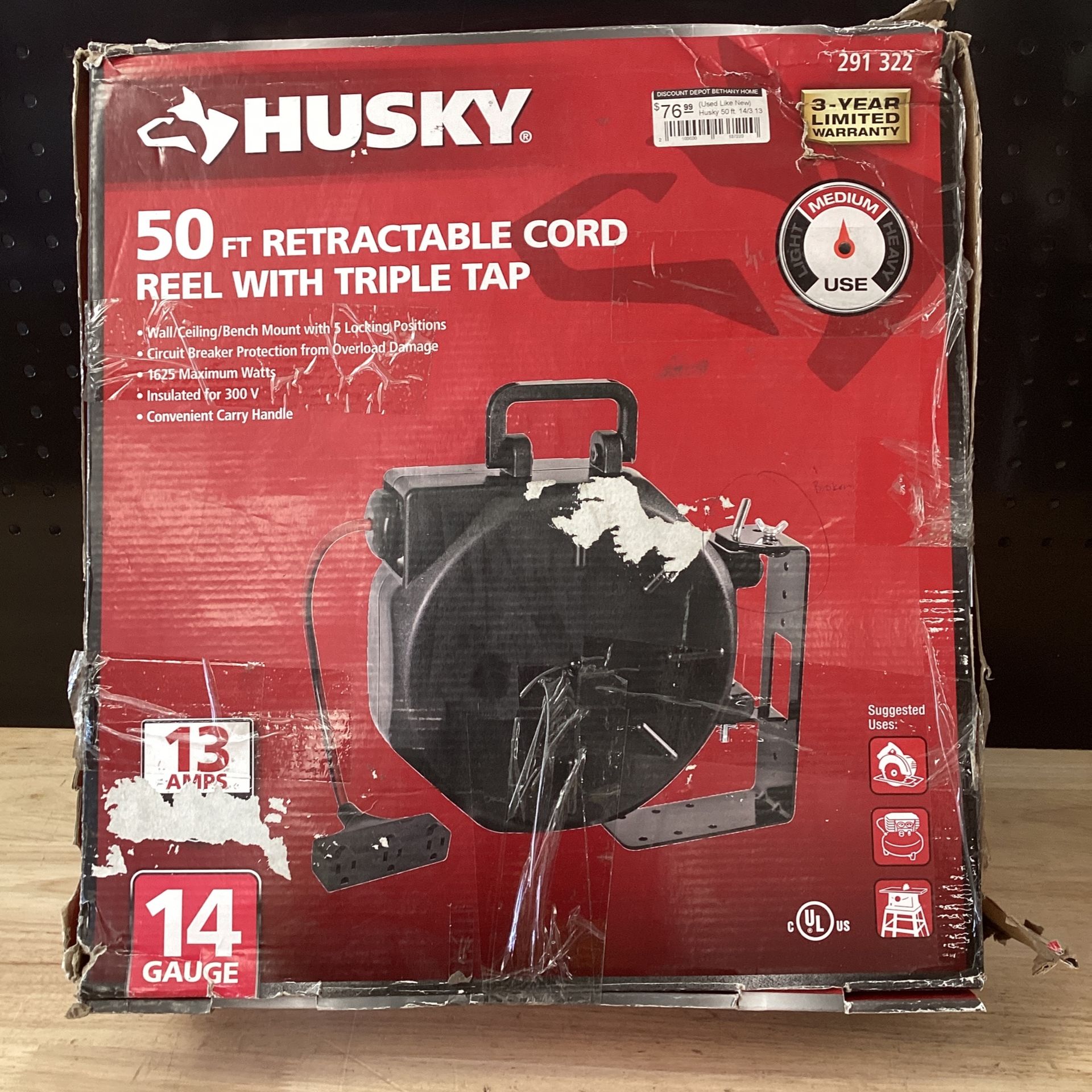 Husky 50 ft. 14/3 13 Amp Retractable Extension Cord Reel System for