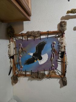 Vintage 1983 Chico Arts Hand-Painted Oil Leather Bald Eagle Mandella Shield - Tagged