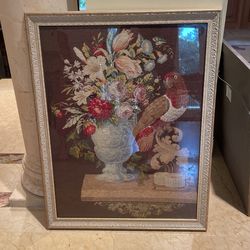 Antique Handmade Needlepoint Parrot Flower Framed Piece