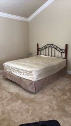 Queen size bedframe, mattress, and box spring