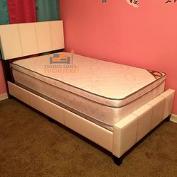 Brand New Twin Size White Leather Platform Bed Frame +Pillowtop Mattress 