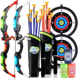 2 Set Bow and Arrow for Kids 8-12 - LED Light Up Kids Archery Set with 2 Bow 16 Suction Cup Arrows, 2 Target & 2 Quiver, Indoor & Outdoor Play Toys fo