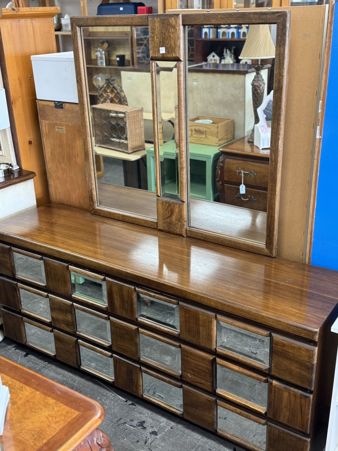 Vintage Dresser with Mirror, Wood Panels & Mirror Panel Design, 9 Drawers