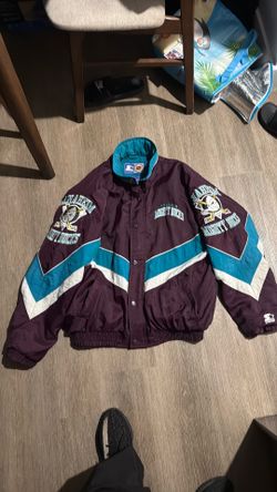 VTG 90s NHL ANAHEIM MIGHTY DUCKS STARTER PUFFER JACKET SLEEVES LOGO SIZE L
