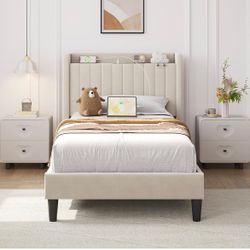 Twin Bed Frame with Channel-Tufted Storage Headboard, Beige