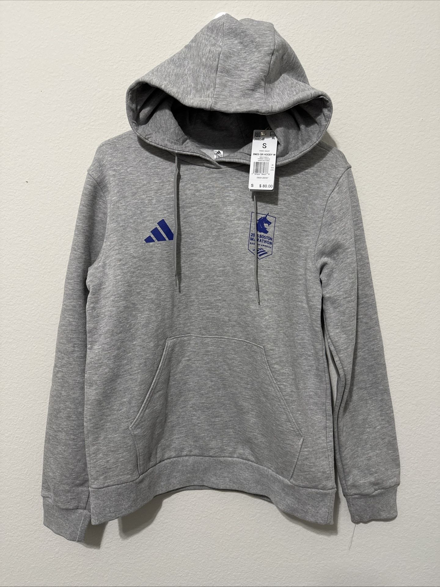 adidas Boston Marathon 2025 Womens Graphic Hoodie SZ S Grey Heather JW9347