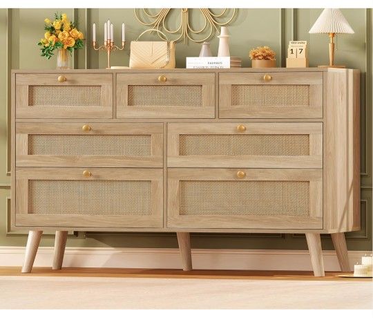 47.2''Wide 7 Drawer Rattan Dresser, Boho Dresser for Bedroom, Chest of Drawers, Closet Organizer, Natural Wood Dressers Chest for Bedroom