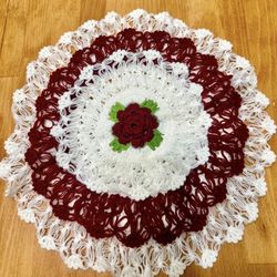 Handmade Turkish Crochet Doily / Table Topper (13”) Burgundy Rose