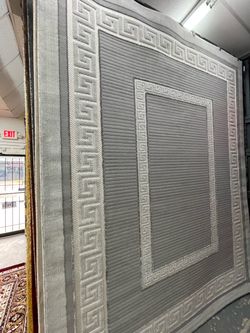 Large Gray Area Rug with Greek Key Border