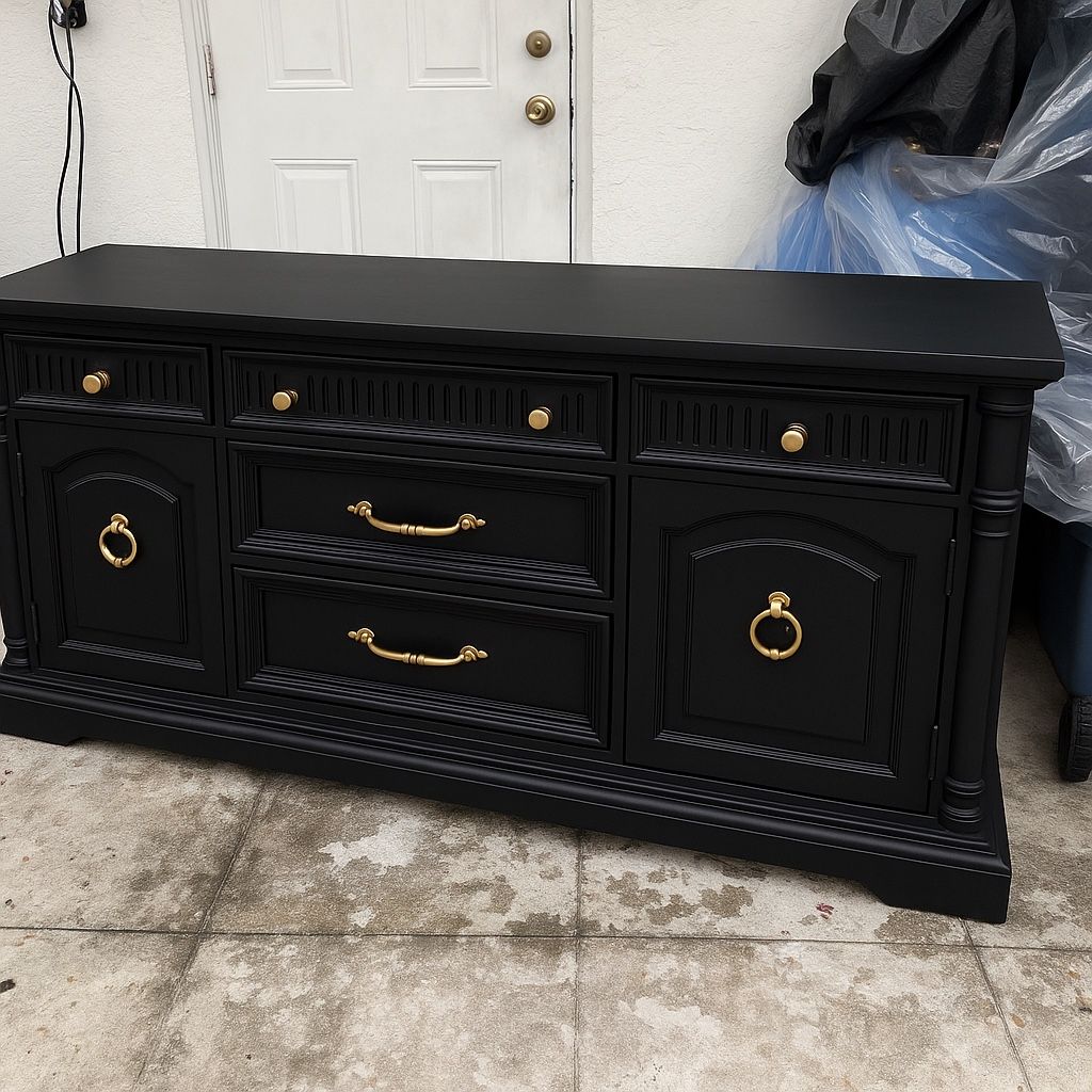 Refinished Vintage Dresser – Sleek Black & Gold Finish