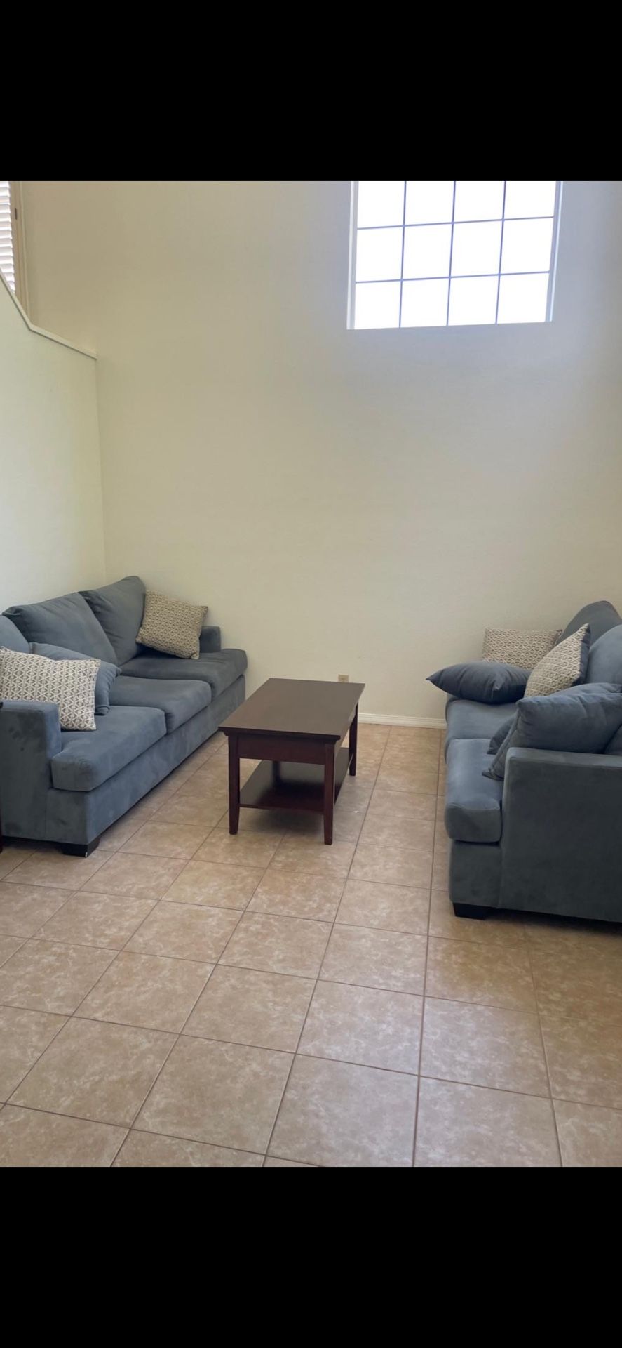 Two Blue/gray Couches Plus Coffee Table And Rug