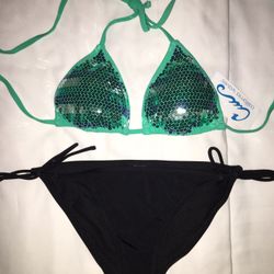 California Waves Green Sequined Bikini Top SIZE SMALL & No Boundaries Black Tie Side Bikini Bottom SIZE SMALL