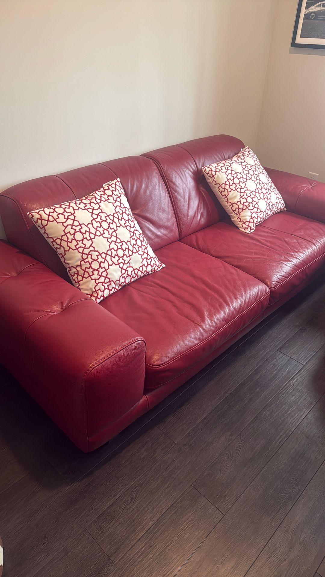 Red Italian Leather Couch (Pottery Barn Pillows Included)