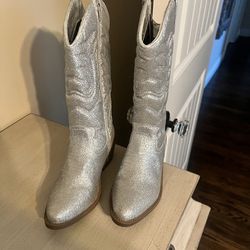 Girls Silver Glitter Cowboy Boots Size 2 