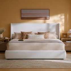 King Size Upholstered Wingback Bed Frame, 52” Tall Cushioned Headboard, Soft Edges, Low Profile Platform Bed, Sturdy Wood Slats, No Box Spring Needed,