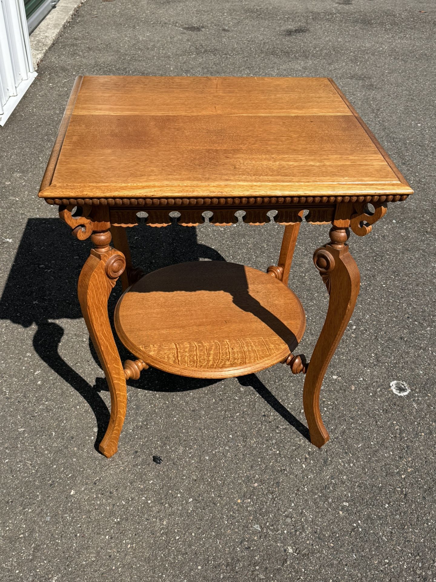 Antique Vintage Blonde Oak Carved Square Parlor Side Table
