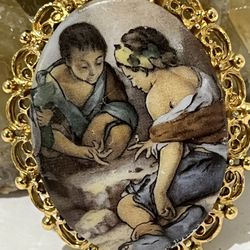 VTG Oval Brooch Art W/ 2 Women Playing Stone Game In Filigree Gold Setting -RARE
