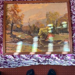 Vintage Litho Print 'Indian Summer' River Bridge Peter Hayward Signed & Framed