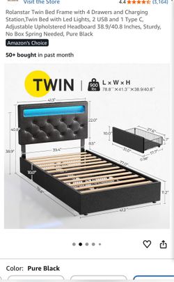 Rolanstar Twin Bed Frame with 4 Drawers and Charging Station,Twin Bed with Led Lights, 2 USB and 1 Type C, Adjustable Upholstered Headboard 38.9/40.8 