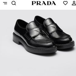 Brand New authentic Prada Choclate Brushed Leather Loafers Woman's Shoes 7 Size 