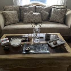 living room couch, table and 2 end tables