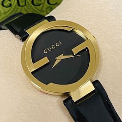 Gucci Interlocking Gold Tone Leather Band Women’s Watch