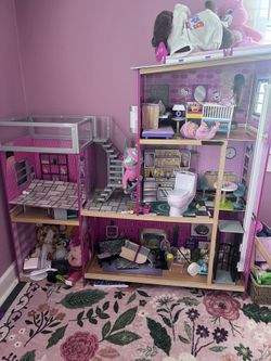 Huge  Wooden Barbie House With Accessories And Some Barbies 