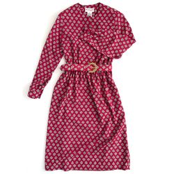 Vintage Appleseed’s Women’s Belted Midi Shirt Dress in Red, Black + Taupe Diamond Pattern Design (6P)