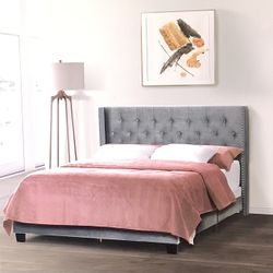 Asali Silver Gray Velvet Queen Bed With Button Turfing And Nail Headed Wings 