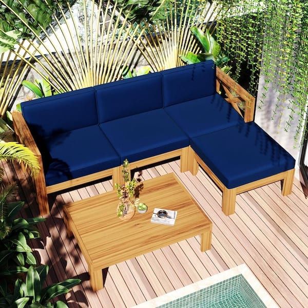5-Pc Outdoor Wooden L-Shaped Sectional Sofa Set w/ Table (Blue Cushions) [NEW IN BOX] **Retails for $1000