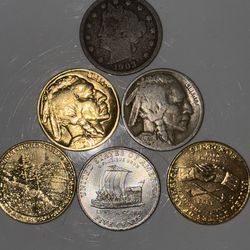 Vintage 6-Coin Nickel Lot - Liberty "V" Head & 24K Gold Plated Buffalo/Westward Journey