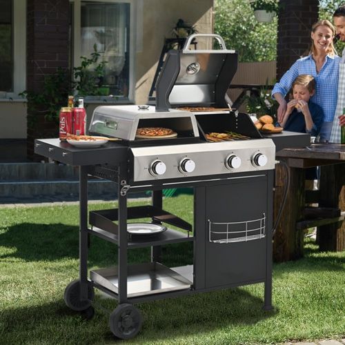 2+2 Multi-function Burner Gas Grill and Griddle Combo with Cover for Outdoor Cooking While Camping or Tailgating - BBQ,FRYING,PIZZA. 