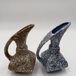 Vintage Speckled Ceramic Mini Pitcher Vase Set Blue & Brown Studio Pottery Decor