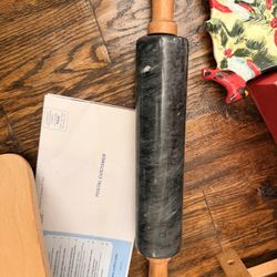 Black Marble Rolling Pin with Wooden Cradle - Excellent Condition