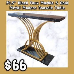 NEW 39.5" Black Faux Marble & Gold Metal Modern Console Table: njft 