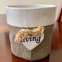 Ceramic Flower Pot with a Heart accent “Living” written on it