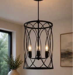 Brand New Black 3-Light Geometric Cage Chandelier